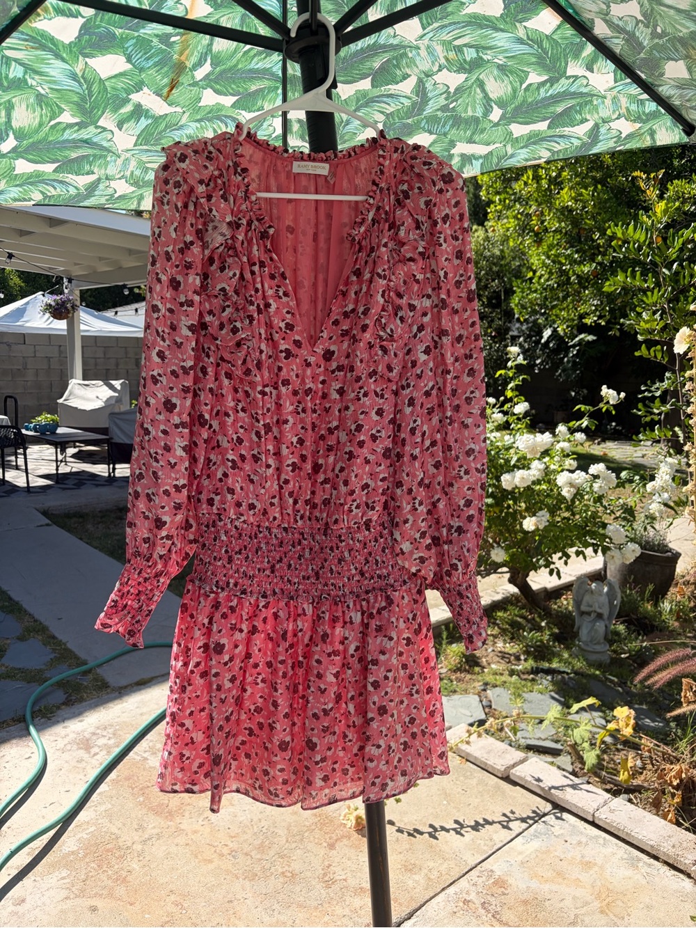 Ramy Brook Pink Floral Long-Sleeve Smocked Waist Mini Dress